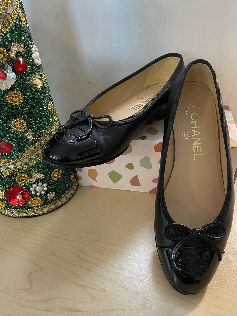 CHANEL Black Bow Ballerina Flats, Size 36